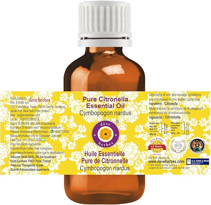 Deve Herbes Pure Citronella Essential Oil (Cymbopogon nardus) Steam Distilled 10ml (0.33 oz)