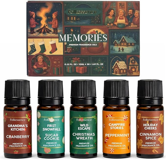 Folkulture Memories Essential Oils Set for Diffuser | Set of 5 Fragrance Oils for Aromatherapy | Gingerbread, Peppermint, Cranberry | Home Fragrance Gift | Home Decor Gifts