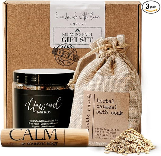 SOULISTIC ROOT Revitalizing Bath Gift - Premium Self-Care Bath & Body Set with Lavender Oatmeal Soak, Tranquil Essential Oil Roller, Epsom Salt Soak, Home Spa Kit, Ready-to-Gift Box