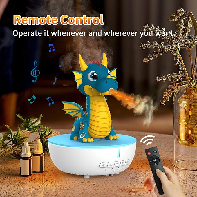 Dragon Aromatherapy Humidifier, 200ML Mini Desktop Essential Oil Diffuser, White Noise Machine with 10 Soothing Sounds, Cute Small Humidifiers for Kids Bedroom, Home, Office (Blue)