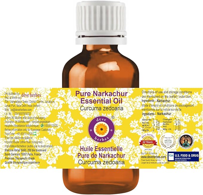 Deve Herbes Pure NAR Kachur Essential Oil (Curcuma zedoaria) Steam Distilled 50ml (1.69 oz)