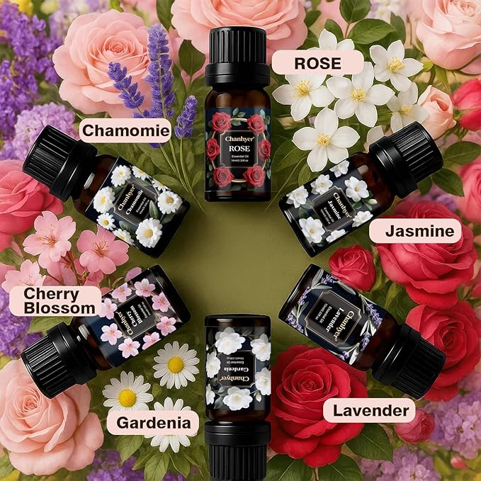 Floral Essential Oils Set 6 x 10ml–Gardenia, Jasmine, Rose, Chamomile, Cherry Blossom, Lavender–Pure Fragrance Oils for Diffuser, Aromatherapy and Gift