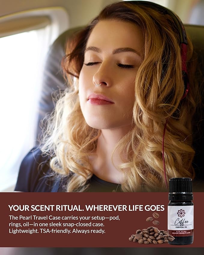 Essence Pearl Travel Case | Coffee Essential Oil | Aromatherapy Nasal Diffuser & Essential Oil Carrying Case | Invigorating Coffee & Coconut Blend | Travel-Friendly Kit | White Pod