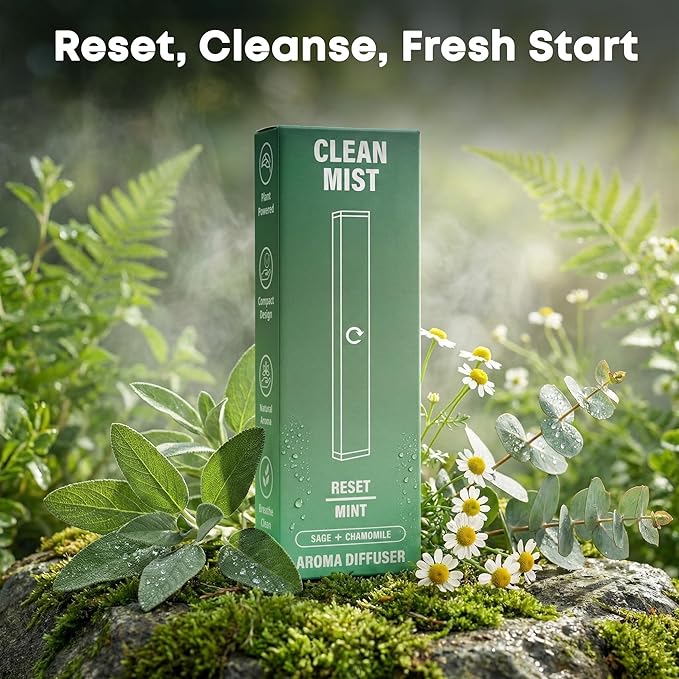 The Clean Mist Herbal Diffuser Pen | Aroma Diffuser Pen Stick | Fresh Reset with Extracts of Mint, Sage and Chamomile | Natural Plant-Based Alternative | 500 Uses Per Stick | Aroma Reset Cleanse