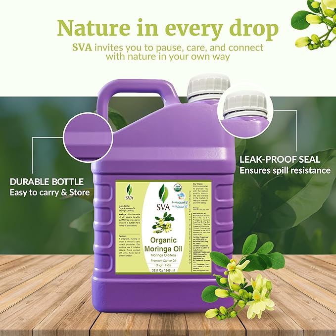 SVA Moringa Seed Oil Organic - 32 Fl Oz – 100% Natural Cold Pressed Moringa Oil - for Face, Skin Care, Hair Care, Scalp Massage & Body Massage – Carrier Oil with Dropper