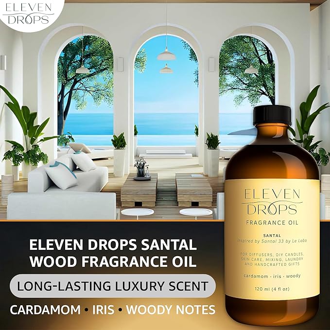Santal Fragrance Oil | Cardamom, Iris & Woody Notes | Long Lasting Scent Reed Diffuser Oil for Home, Office, Hotel, Spa, Car & Linen Spray | Pet Friendly IFRA Compliant, 4 oz
