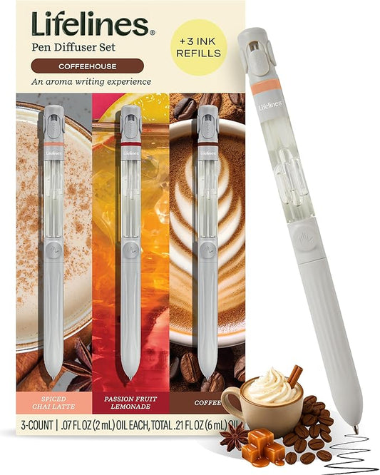 Lifelines Pen Diffuser Set, Coffeehouse 3-Pack - 1mm Black Ballpoint Pens with Scented Essential Oil Blends – Aromatherapy Diffuser & Sensory Immersion Diffuse Aroma As You Write