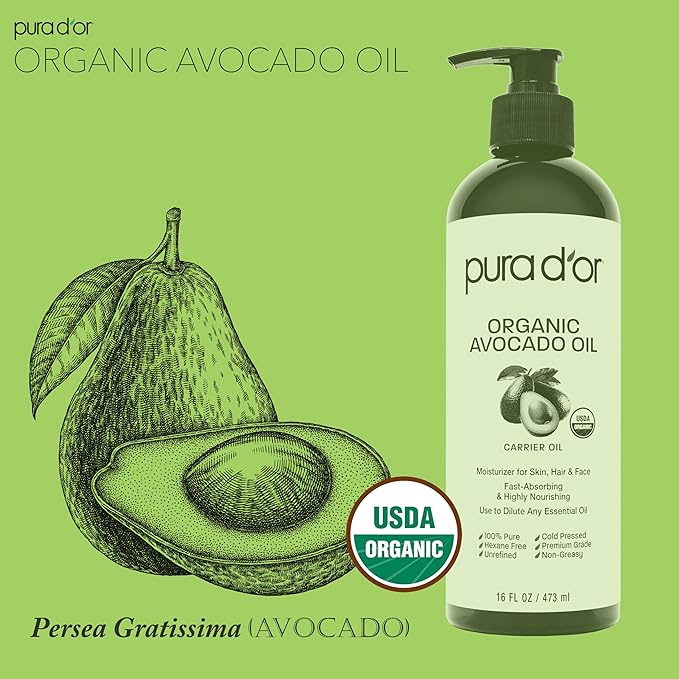 PURA D'OR ORGANIC Avocado Oil (16 Oz) 100% Pure & Natural USDA Certified Cold Pressed Carrier Oil For DIY Beauty, Non-Greasy, Unscented, Hexane Free Liquid Moisturizer - Face Skin & Hair - Men & Women