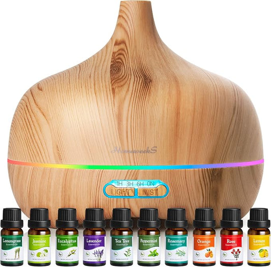 Essential Oil Diffuser Aromatherapy Diffusers: 550ml Ultrasonic Cool Mist Large Aroma Scent Essential Oils Diffuser Waterless Shut Off for Bedroom Home Office Living Room Wood Grain