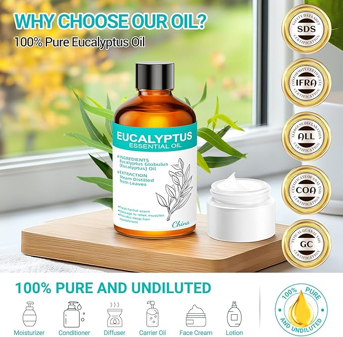 Eucalyptus Essential Oil 3.38 fl oz (100ml), Eucalyptus Oil for Diffuser & Aromatherapy, Natural Oil for Home Fragrance, Humidifier, Candle & Soap Making, Daily Use