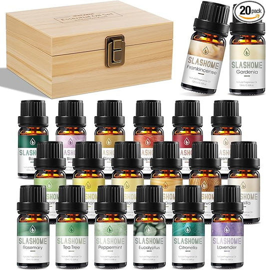 20 Pack Essential Oils for Diffusers for Home - Water Soluble Diffuser Oils Set for Humidifiers & Spa, Scented Oil with Wooden Gift Box for Women - Lavender, Peppermint, Sweet Orange, Tea Tree & More