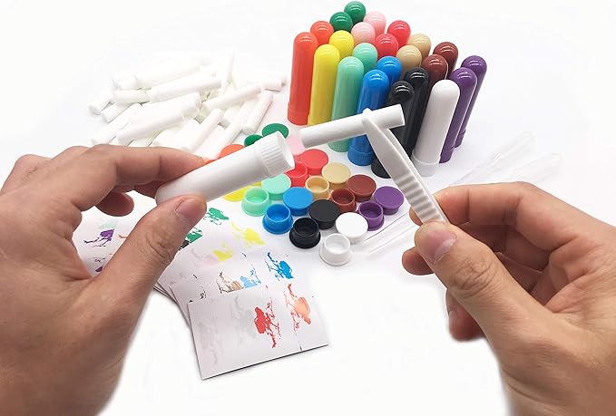 Nasal Inhaler Tubes - Kit Contains: 24 Empty Nasal Inhaler Tubes (with Wicks) 12 Extra Wicks,36 Writable Stickers, 2 Mini Droppers and 1 Tweezers