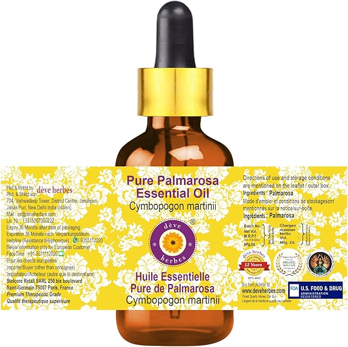 Deve Herbes Pure Palmarosa Essential Oil (Cymbopogon martinii) with Glass Dropper Steam Distilled 50ml (1.69 oz)