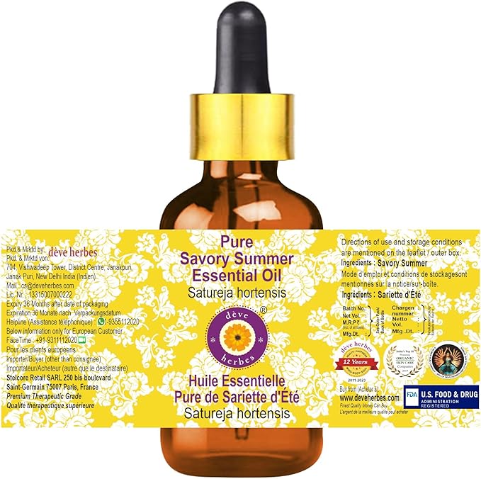 dève herbes Savory Summer Essential Oil (Satureja hortensis) with Glass Dropper | Pure | Non-Sticky | Non-Greasy | Lightweight | Men & Women | All Skin Types | Steam Distilled 15ml (0.5 oz)