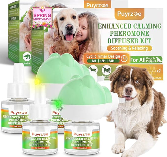 puyrzoe Dog Calming Diffuser with Timing Functions, 6-in-1 Dog Anxiety Relief Diffuser Kit, 120-Day Anxiety Relief, Stress Relaxation Pheromones Calming for All Dogs (2 Diffusers + 4 Refills)
