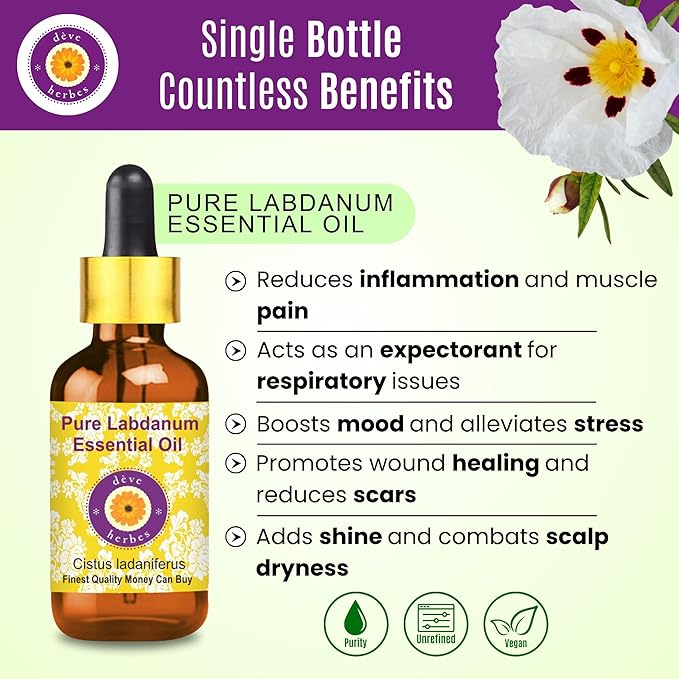 dève herbes Labdanum Essential Oil (Cistus ladaniferus) with Glass Dropper | Pure | Viscous Texture | Unisex | All Skin Types | External Use | Natural Extract | Steam Distilled 120ml (4 oz)