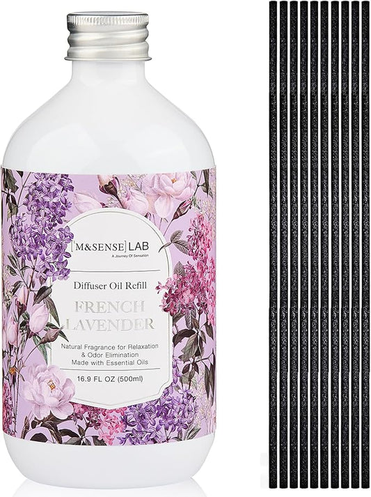 M&SENSE Reed Diffuser Oil Refill, 16.9oz (500ml) with 10 Hollow Reed Sticks, French Lavender Scent Home Fragrance, Scented Oil Refills, Natural Essential Oils for Diffusers, Décor for Home Spa Office