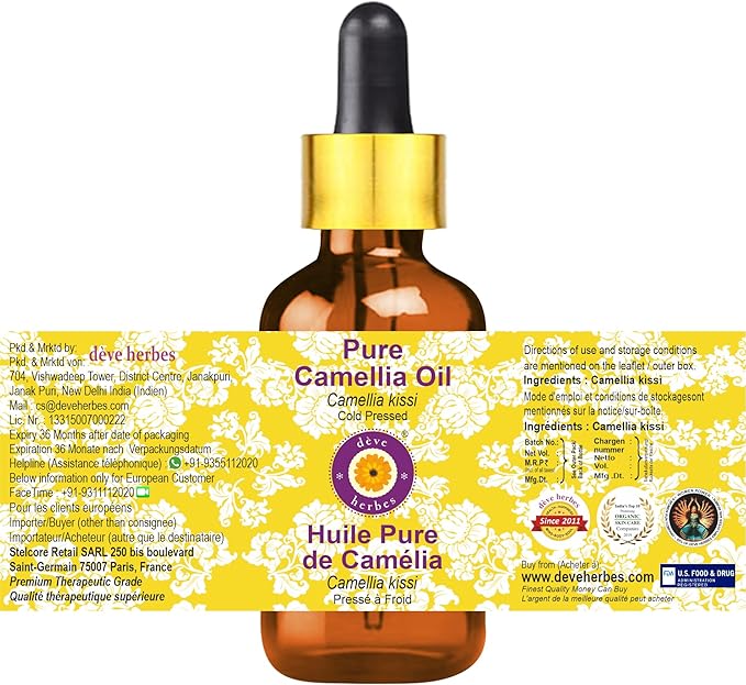 Deve Herbes Camellia Oil (Camellia kissi) | Cold Pressed | Pure | Natural | Undiluted | for Diluting Essential Oils | for Skin & Massage | Non-Sticky | Lightweight | Men & Women | 50ml (1.69 oz)
