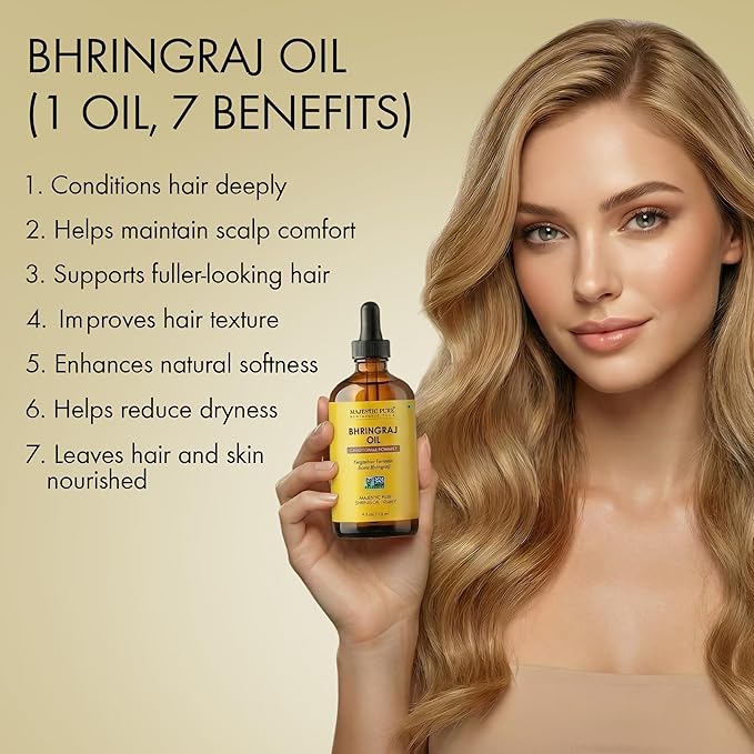 Majestic Pure Bhringraj Premium Carrier Oil 4oz (118ml) With Dropper for Hair Oiling, Scalp Massage & Skin Care