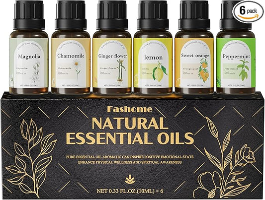 Natural Essential Oil Blend Set - 6x10ml Fresh & Crisp Collection - Plant-Based Scented Oils for Diffuser, Air Purifier & Home Fragrance - Peppermint, Lemon, Frankincense, Chamomile, Orange Blossom