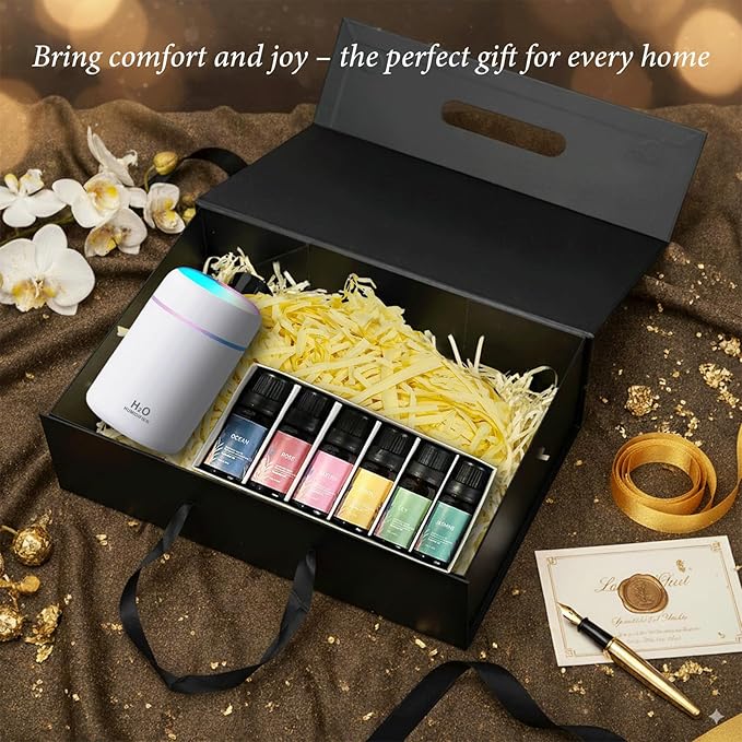 USB Essential Oil Diffuser with 6 Oils, Portable Ultrasonic Aromatherapy Diffuser for Home & Car, Cool Mist, 7-Color LED Night Light, Auto Shut-Off, One-Button Control,3 Colors (Grey)