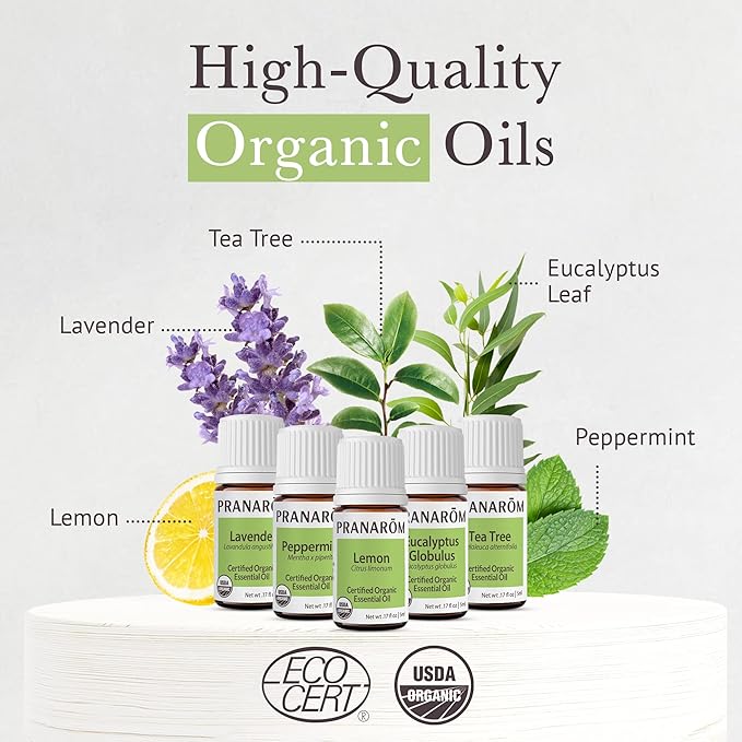Pranarom - Top 5 Essential Oil Kit (5-Pack of 5ml) - Lavender, Peppermint, Tea Tree, Eucalyptus, and Lemongrass - 100% Pure Essential Oil | USDA and ECOCERT Certified Organic