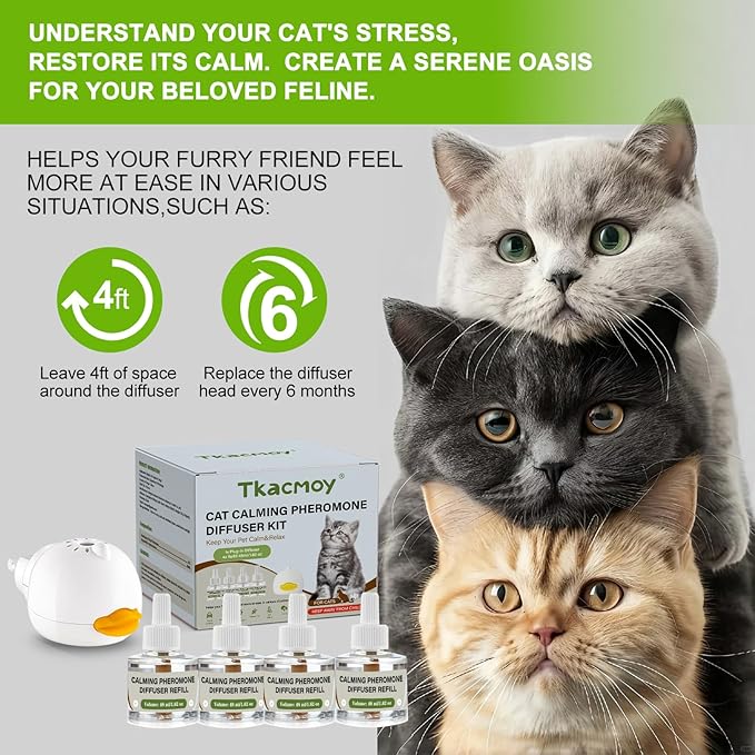 Cat Calming Diffuser, 4-in-1 Pheromone Refills for Anxious Cats, 120-Day Continuous Stress Relief for Multi-Cat Harmony (D)