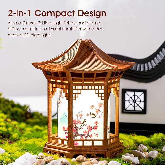 Chinese Lanterns, Chinese Lamp Aroma Diffuser & Night Light - 160ml Lantern Diffuser with Dual Mist Modes, Dual Color Temperatures, Shallow Wood Grain for Bedroom Office Home, Khaki