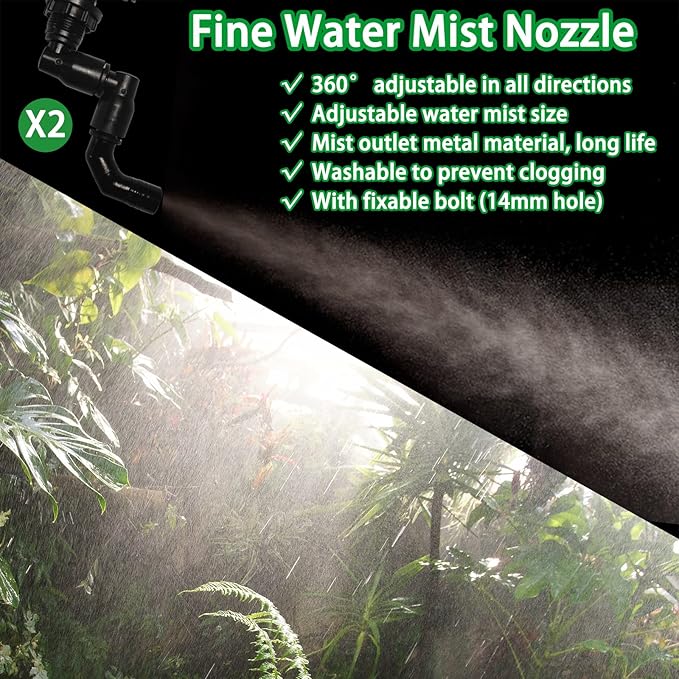 2-Pack Reptile Mister Nozzles - 1/4'' Reptile Fogger Fine Mist Nozzles for Terrarium, Paludarium, Vivarium, Plants, Amphibians, Tank