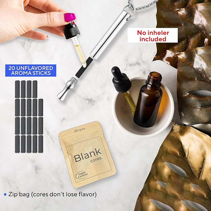 Breathing Necklace Refills - Habit Control Unscented Cores Set - 20 Pcs Cotton Wick Essential Oil Inhaler Replacement Kit - Highly Absorbent Cotton Blank Sticks for Aromatherapy