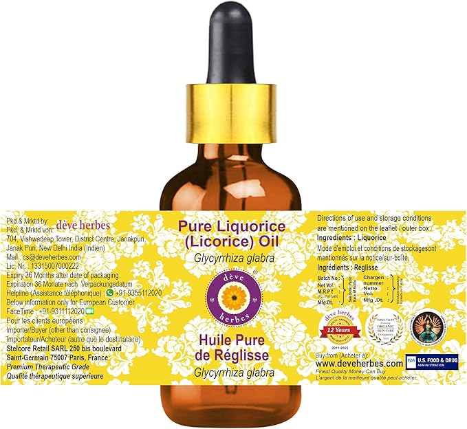 Deve Herbes Liquorice Oil (Glycyrrhiza glabra) with Glass Dropper | Infused | Pure | Non-Sticky | Lightweight | for Facial Care | Men & Women | 5ml (0.16 oz)