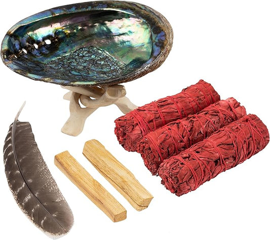 Wish Well Sage Smudge Kit - 3 Dragon's Blood Sage Sticks, 2 Palo Santo, 5-6" Abalone Shell, Stand, Feather - Cleansing House, Meditation, Energy Healing & Reiki, Perfect Starter Kit with Instructions