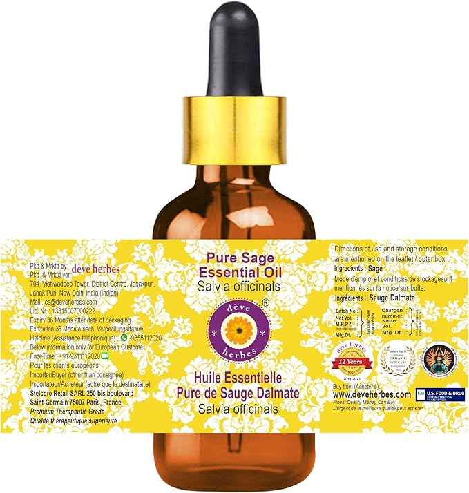Deve Herbes Pure Sage Essential Oil (Salvia officinalis) with Glass Dropper Steam Distilled 100ml (3.38 oz)