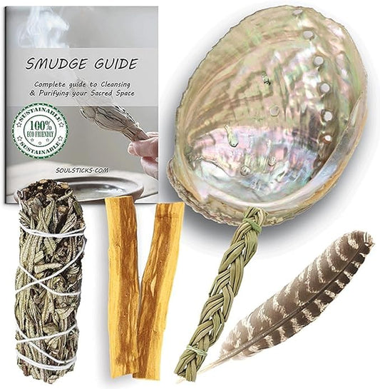 Ancient VEDA Organic Smudge Kit – Yerba Santa, Palo Santo, Sweetgrass, Abalone Shell, Feather & Smudge Guide | Smudging Kit for Home Cleansing, Meditation, Healing (Healer's Kit, Yerba Santa Sage)