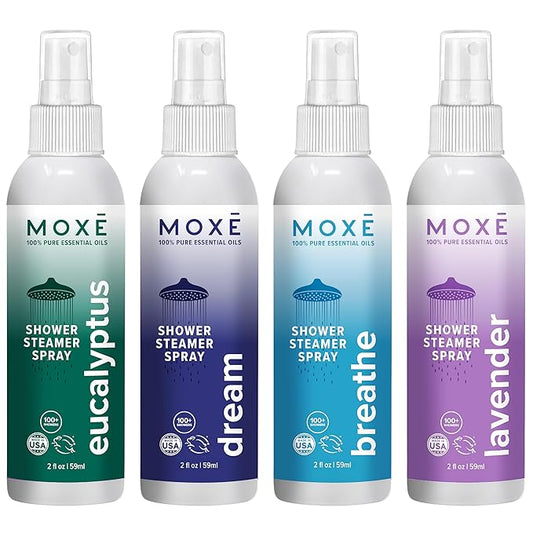 MOXE Aromatherapy Shower Mist Variety Pack, Eucalyptus, Lavender, Breathe and Dream, Spa Steam Spray, Natural 100% Essential Oils, Made in USA, Aromatherapy, Sinus Congestion Relief, 4 Pack (8oz)