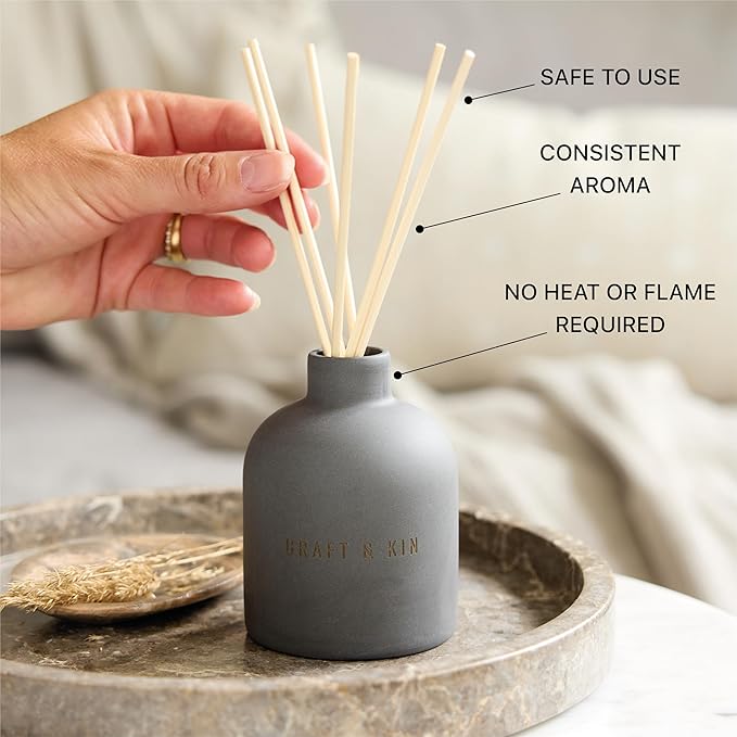 Craft & Kin Reed Diffuser for Home & Bathroom – Santal Woods Holiday Reed Diffuser Set with Fragrance Sticks, Long-Lasting Alcohol-Free Winter Scent, Earthenware Collection, 6.7oz