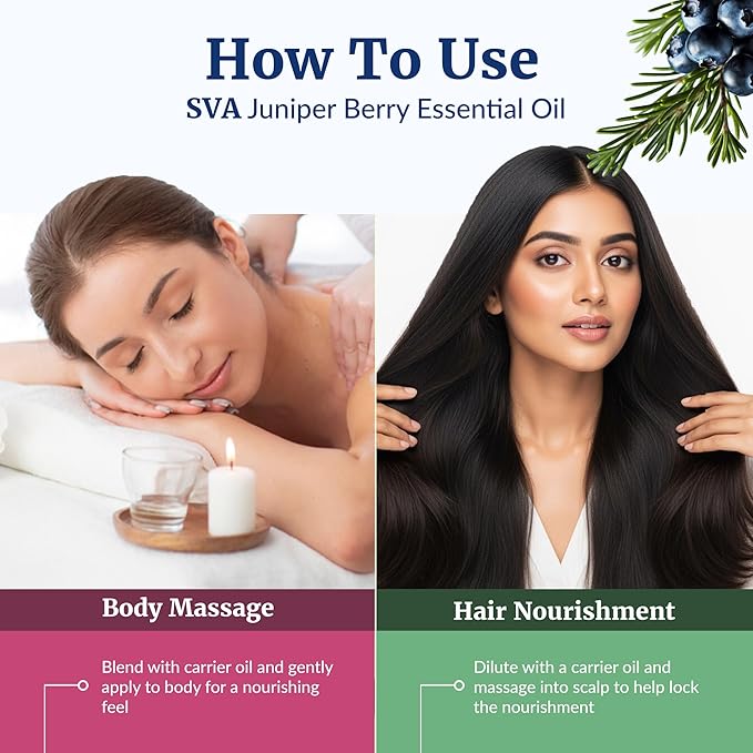 SVA Juniper Berry Essential Oil – 4 Fl Oz – 100% Natural Juniper Oil - for Diffuser, Hair Care, Face, Skin Care, Aromatherapy, Scalp and Body Massage, Soap and Candle Making – with Dropper