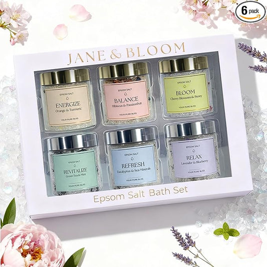 Epsom Salt Bath Gift Set – 6 Aromatherapy Blends with Essential Oils – Bath & Body Gift Set for Women, Stress Relief, Self Care, Birthday Gifts – Jane & Bloom