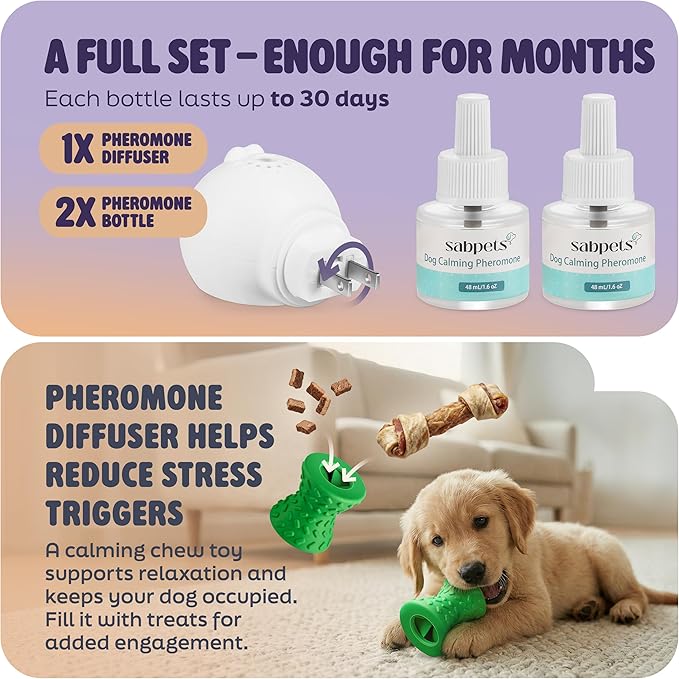 Dog Calming Diffuser Kit with Toy – Helps Reduce Barking, Pee Accidents & Separation Anxiety – Pheromone Plug-in for Dogs – 1 Diffuser + 2 Refills