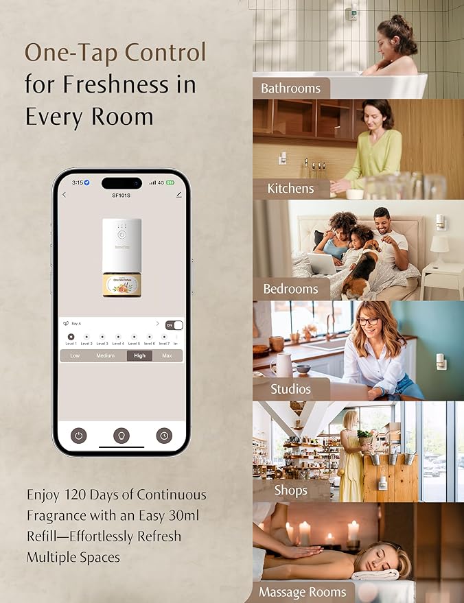 SF101S Pro Smart Plug in Air Freshener for Home, Waterless Essential Oil Diffuser, Aromatherapy Home Diffuser, 120-Day Natural Aroma Mist – Free 30ml Pear & Freesia (Yellow Orange)