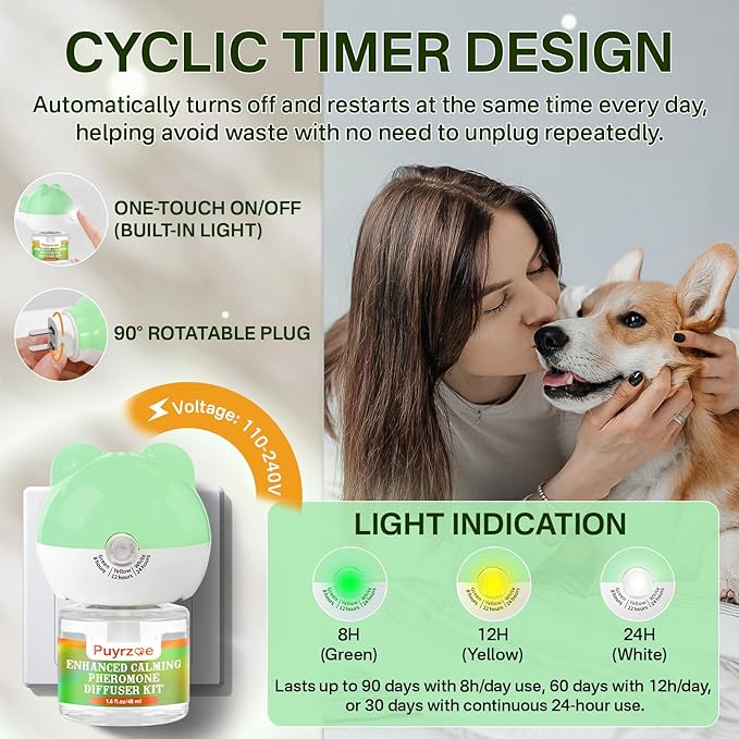 puyrzoe Dog Calming Diffuser with Timing Functions, 3-in-1 Dog Anxiety Relief Diffuser Kit, 120-Day Anxiety Relief, Stress Relaxation Pheromones Calming for All Dogs (1 Diffusers + 2 Refills)