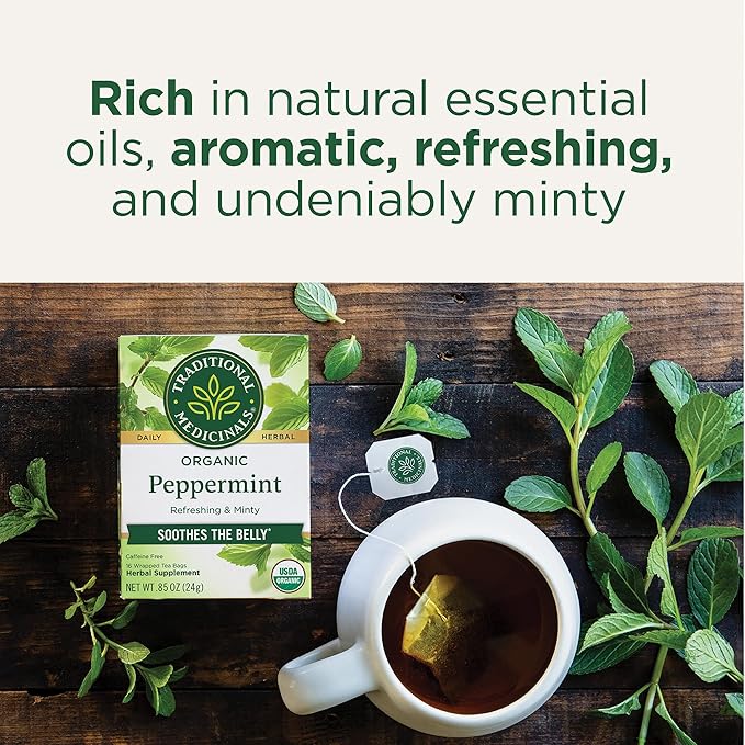 Traditional Medicinals Organic, Peppermint Tea - Helps Soothe Belly from Occasional Gas and Bloating - Kosher, Non-GMO, Caffeine-Free, Compostable - 16 Tea Bags