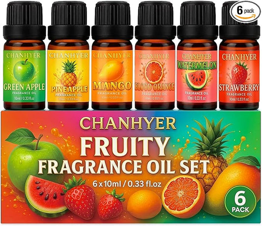Fruity Essential Oils Set-6 x 10ml-Green Apple,Watermelon,Strawberry,Pineapple,Blood Orange,Mango,Sweet Aromatherapy Oils for Diffuser,Humidifier,Candle & Soap Making