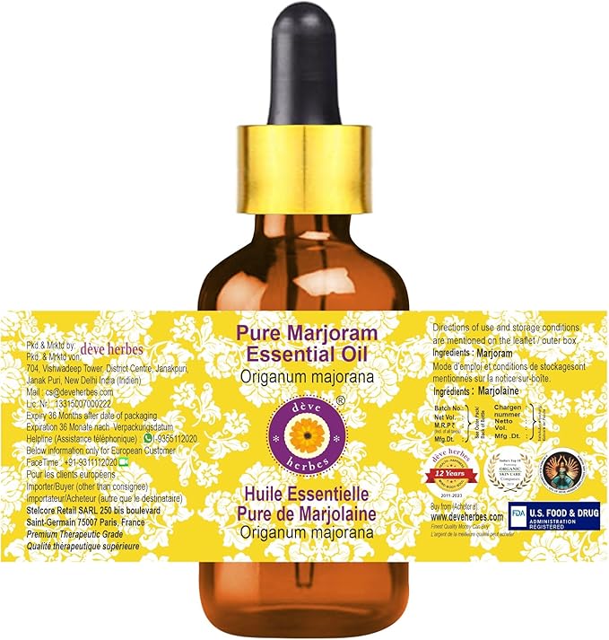 Deve Herbes Pure Marjoram Essential Oil (Origanum majorana) with Glass Dropper Steam Distilled 15ml (0.50 oz)