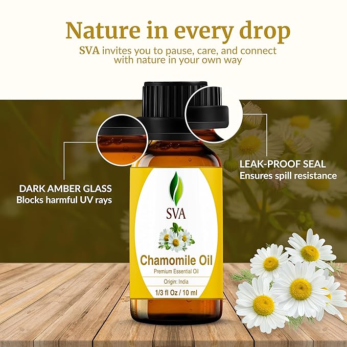 SVA Chamomile Essential Oil – 1/3 Fl Oz – 100% Natural Chamomile Oil - for Diffuser, Hair Care, Face, Skin Care, Aromatherapy, Scalp and Body Massage, Soap and Candle Making