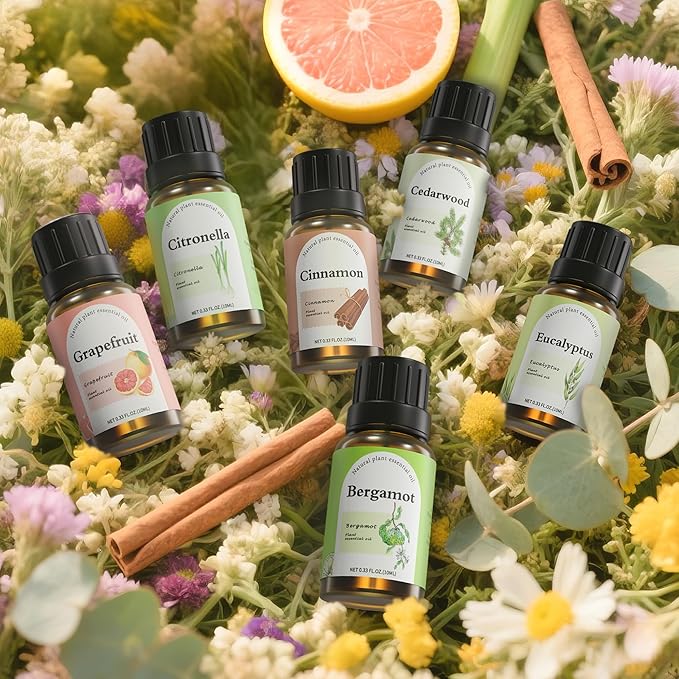 Natural Essential Oil Blend Set - 6x10ml Earthy & Woody Collection - Plant-Based Scented Oils for Diffuser, Home Spa & DIY Crafts - Citronella, Cedarwood, Cinnamon, Bergamot, Grapefruit, Eucalyptus