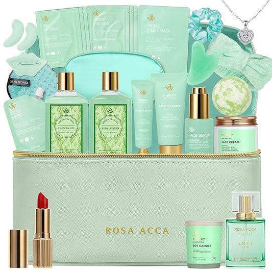 Mother's Day Gift, 25 Pcs Bath & Body Gift Basket Set for Women, Tea Tree Skin Care Set, Home Spa Gift Basket, Cosmetic Bag, Necklace, Christmas, Birthday, Anniversary, Wife, Mom