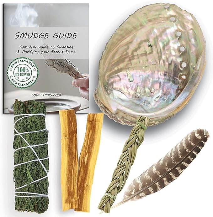 Ancient VEDA Organic Smudge Kit – Cedar Sage, Palo Santo, Sweetgrass, Abalone Shell, Feather & Smudge Guide | Smudging Kit for Home Energy Cleansing, Meditation, Reiki (Healer's Kit, Cedar Sage)