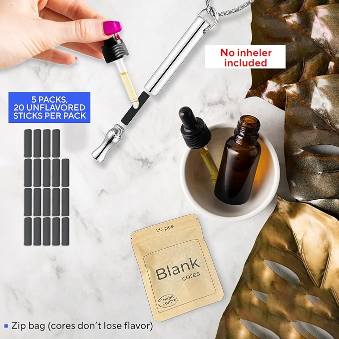 Breathing Necklace Refills - Habit Control Unflavored Cores - Set of 5, 20 Sticks Pack - Cotton Wick Essential Oil Inhaler Replacement Kit for Aromatherapy - Highly Absorbent Sticks Breathing Necklace