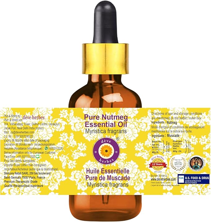 Deve Herbes Pure Nutmeg Essential Oil (Myristica fragrans) with Glass Dropper Steam Distilled (Pack of Three) 100ml X 3 (10 oz)